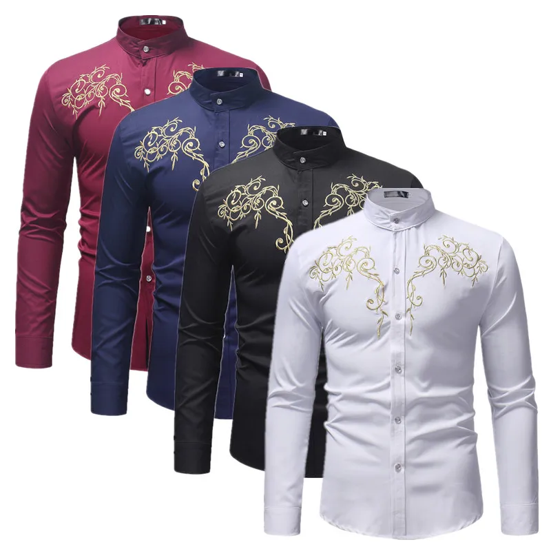 New Men Lapel Embroidered Shirt Black / White / Wine Red Fashion Male Business Social Wedding Prom Party Dress Tops