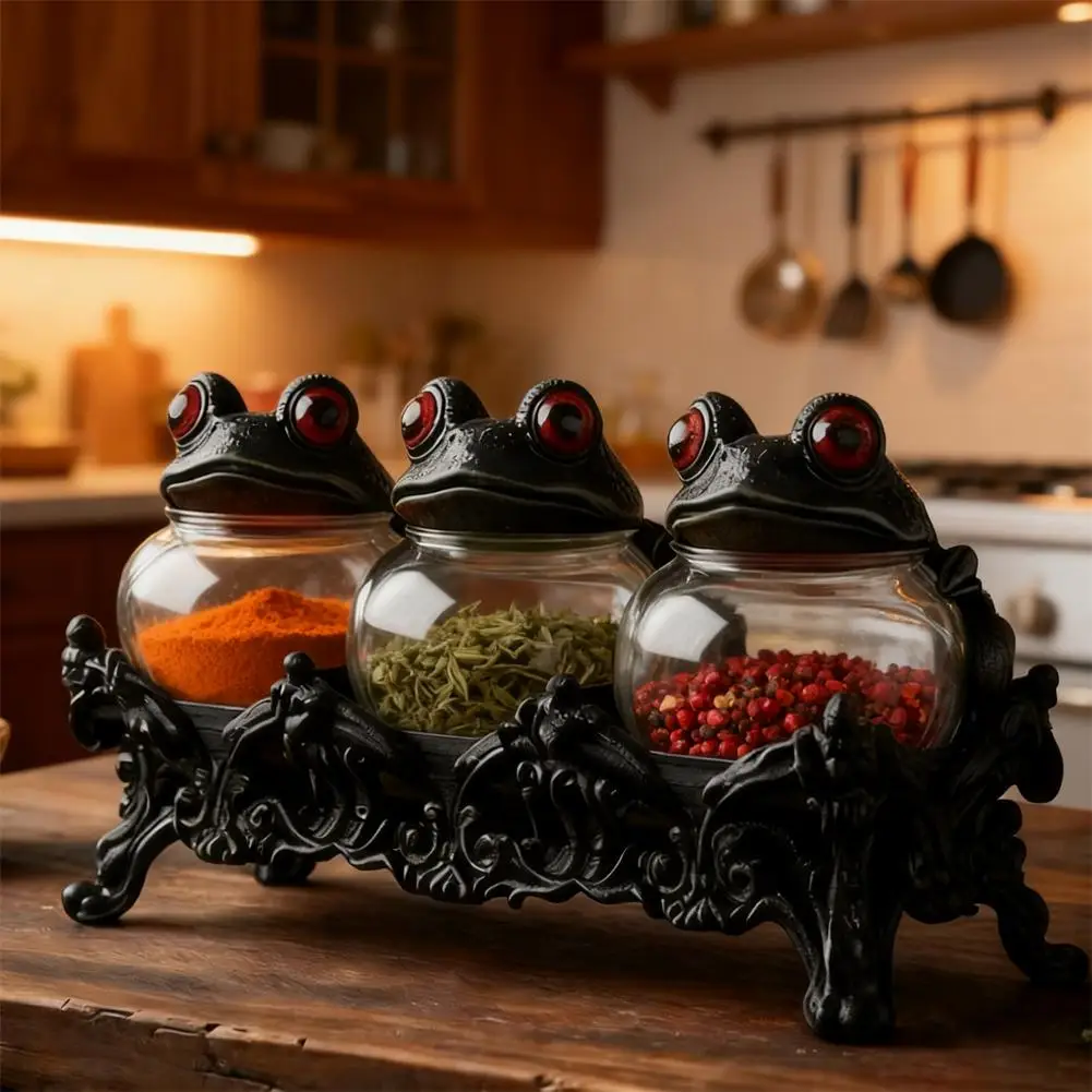 Handcrafted Witchy Frog Apothecary Spice Jars 3pcs Clear Glass Seasoning Jars Set With Frog Lids Gothic Kitchen Decor Gift