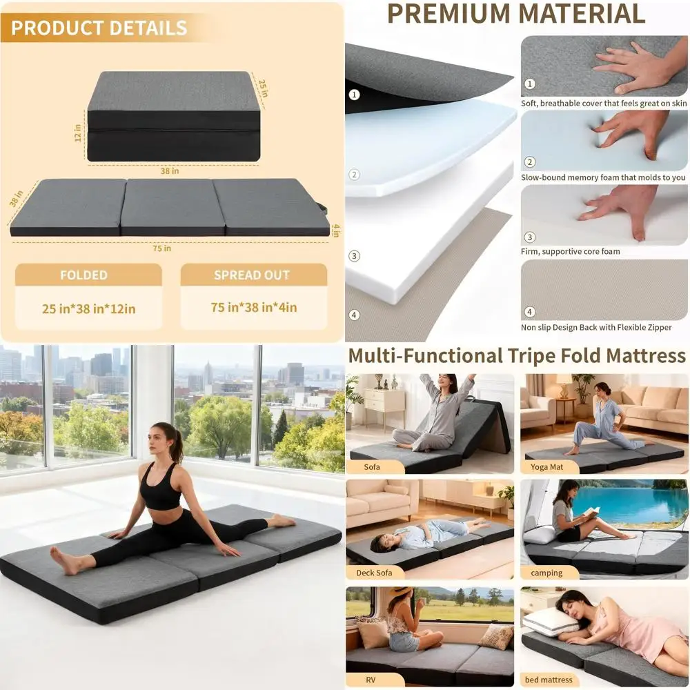 

Портативный складной матрас из пены с эффектом памяти с ручкой, нескользящим дном, идеально подходит для экономии места, детских комнат, автодомов, путешествий, кемпинга