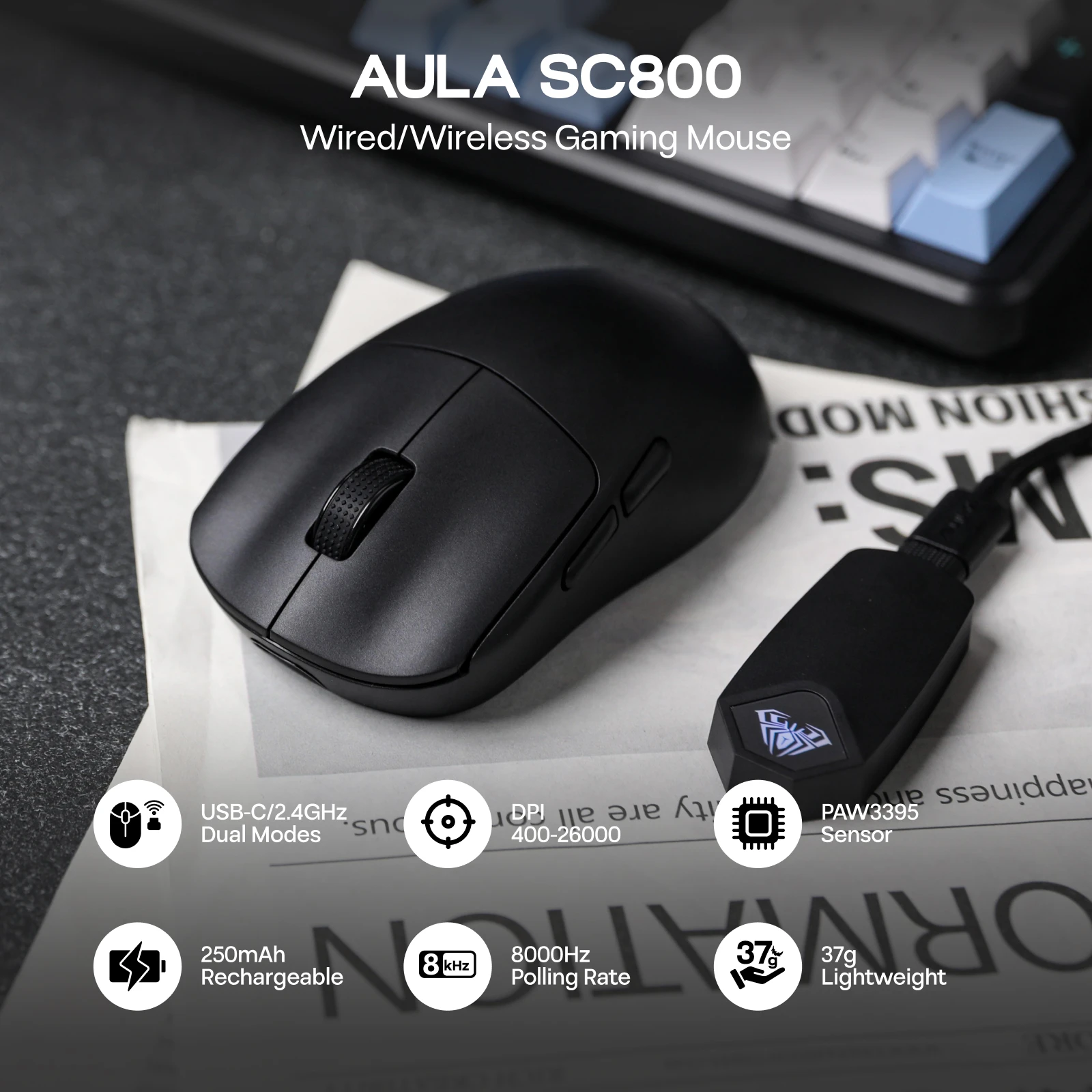 EPOMAKER AULA SC800 Tri-mode Wireless Lightweight Gaming Mouse with 8K Polling Rate & PAW3395 Sensor