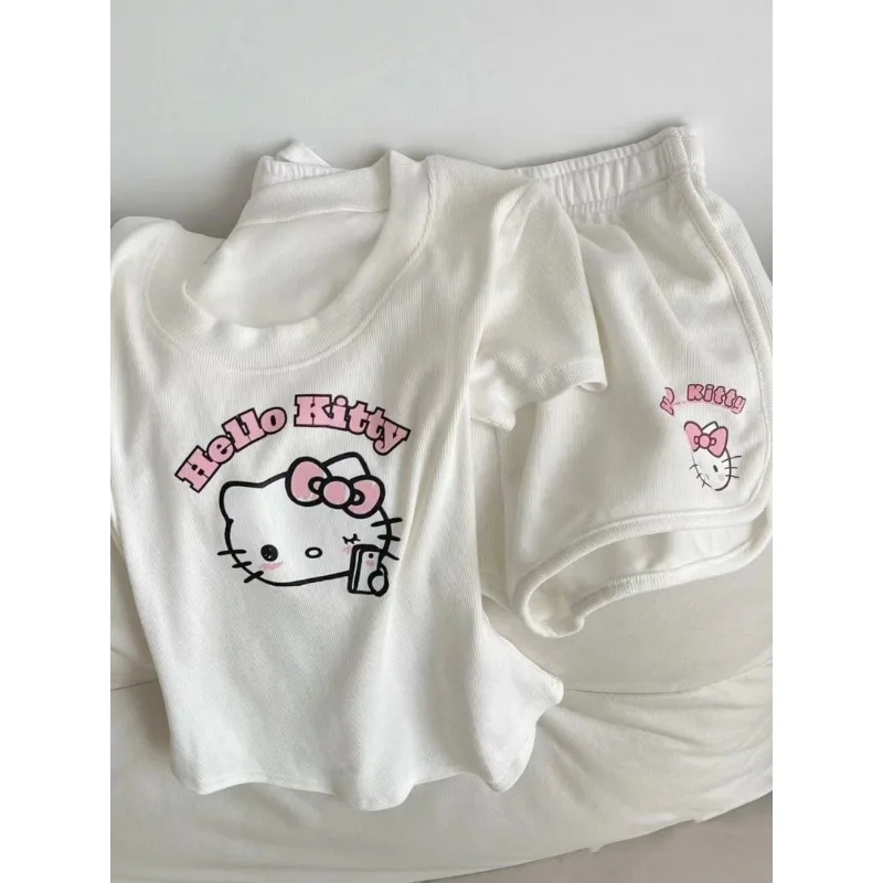 HelloKitty-Conjunto de manga corta de algodón con estampado de dibujos animados, pantalones cortos versátiles de tres puntos, Verano