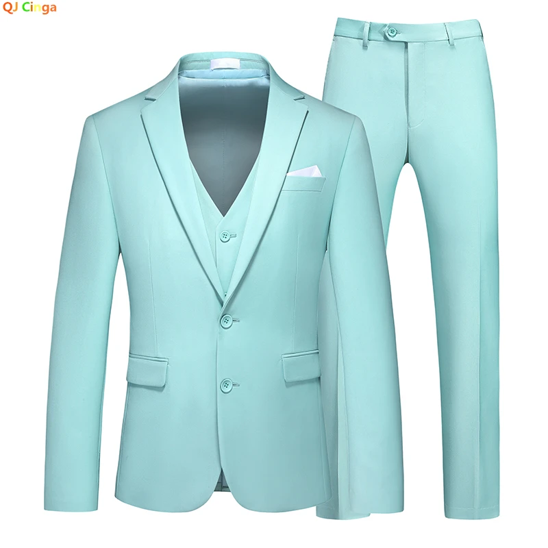 Light Green Men\'s Suit 3 Pieces (Jacket+Pants+Vest) White Black Gray Red Terno Masculino Fashion Slim Costume Homme 6xl