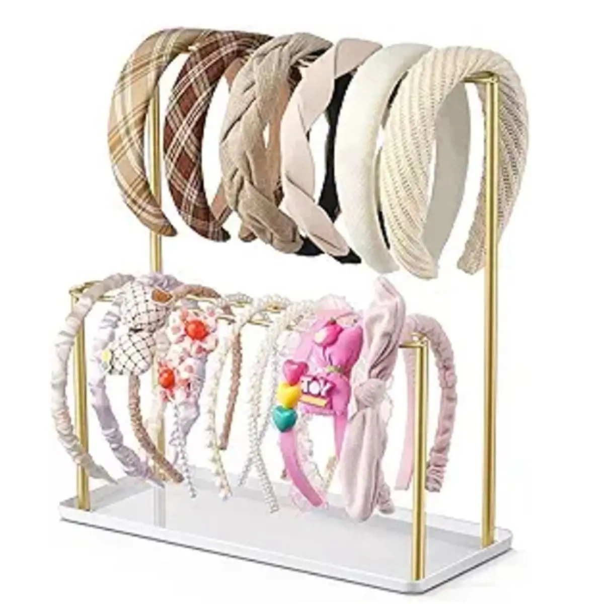 Time Saving Headband Holder Organizer Metal 2-Tier with Tray: Hair Accessories Display Stand Storage Hairband Rack Necklace Stan
