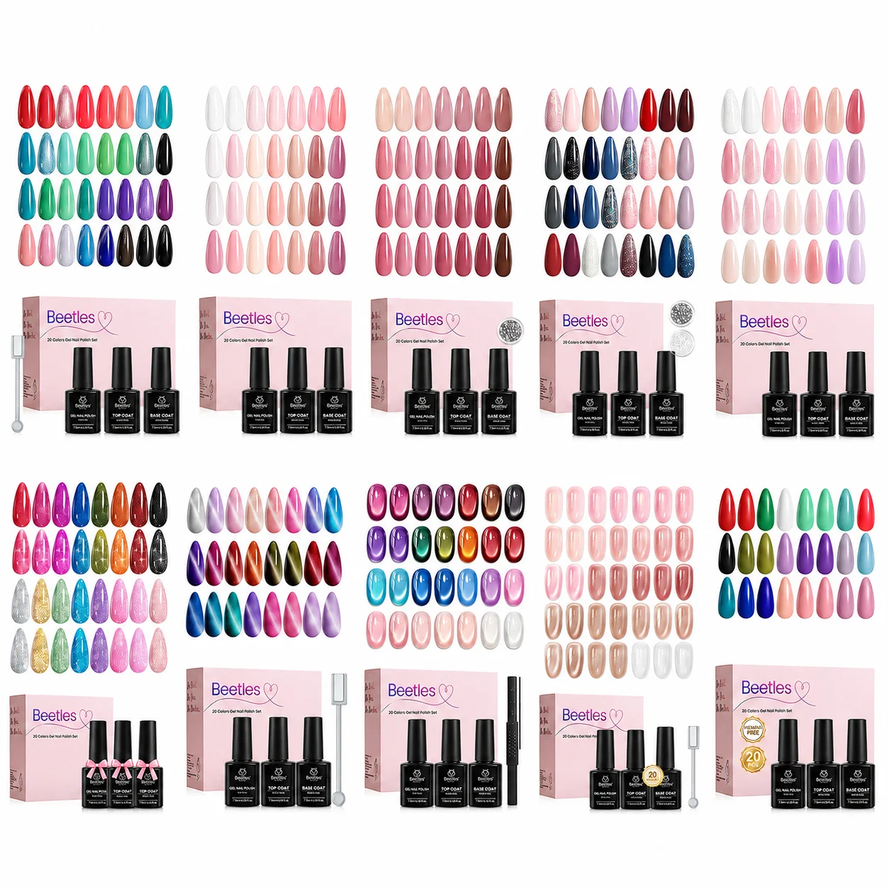 Beetles 20 Colors Gel Nails Polish Set Cat Eye Beauty Art Daily Pop Nude Paradise Solid-Color Gel and Sheer-color Gel with Base Glossy Matte Glitter Top Coat Nails Glue Supplies Tools Pink Nails
