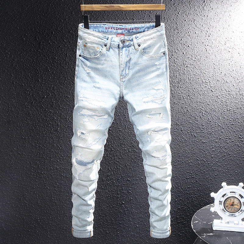 Street Designer Fashion Men Jeans Retro Light Blue High Quality Stretch Slim Ripped Jeans Men Hole Patched Vintage Denim Pants
