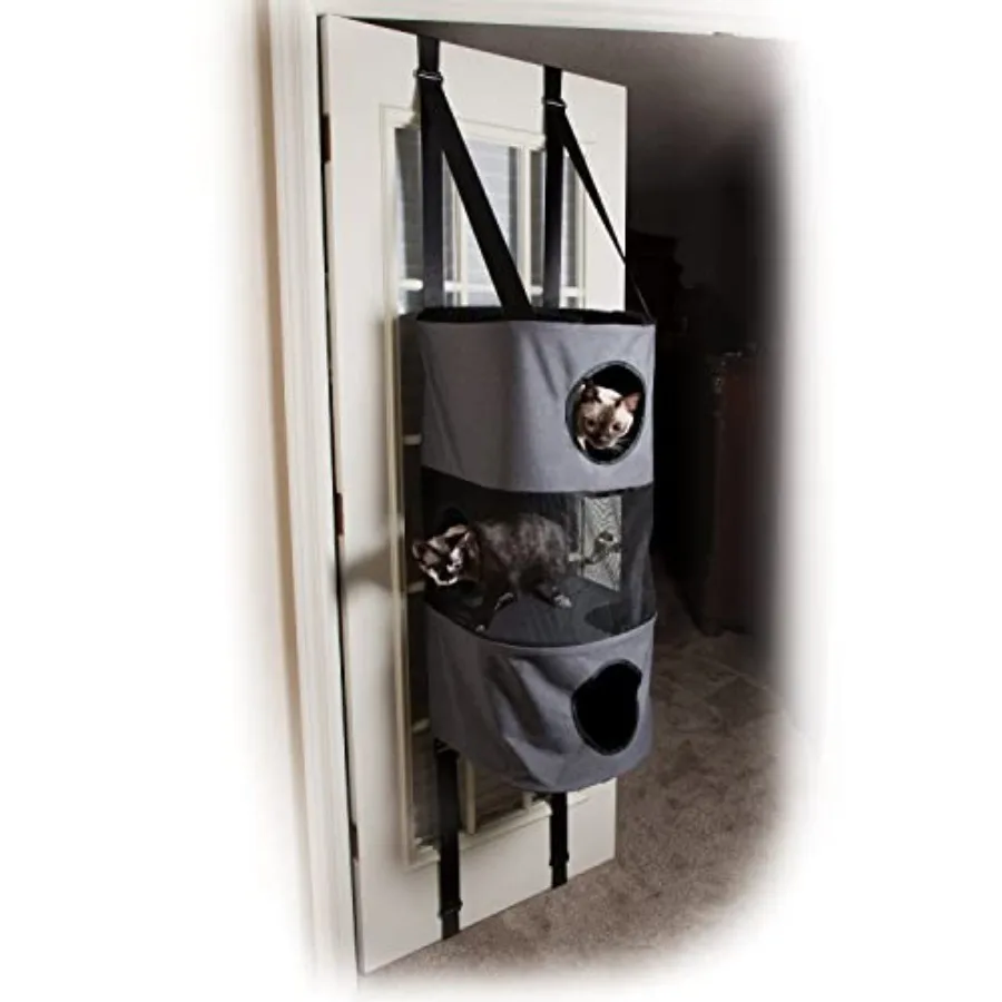 

3-Level Door-Mounted Cat Tree Condo with Mesh Level and Peep Holes Interconnecting Levels Collapsible Design Tool-Free Assembly