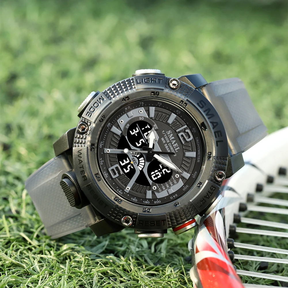 Sport Watches Waterproof SMAEL Male Clock Digital LED Display Quartz Analog Stopwatch Fashion Green Orange Clock 8058 Men Watch
