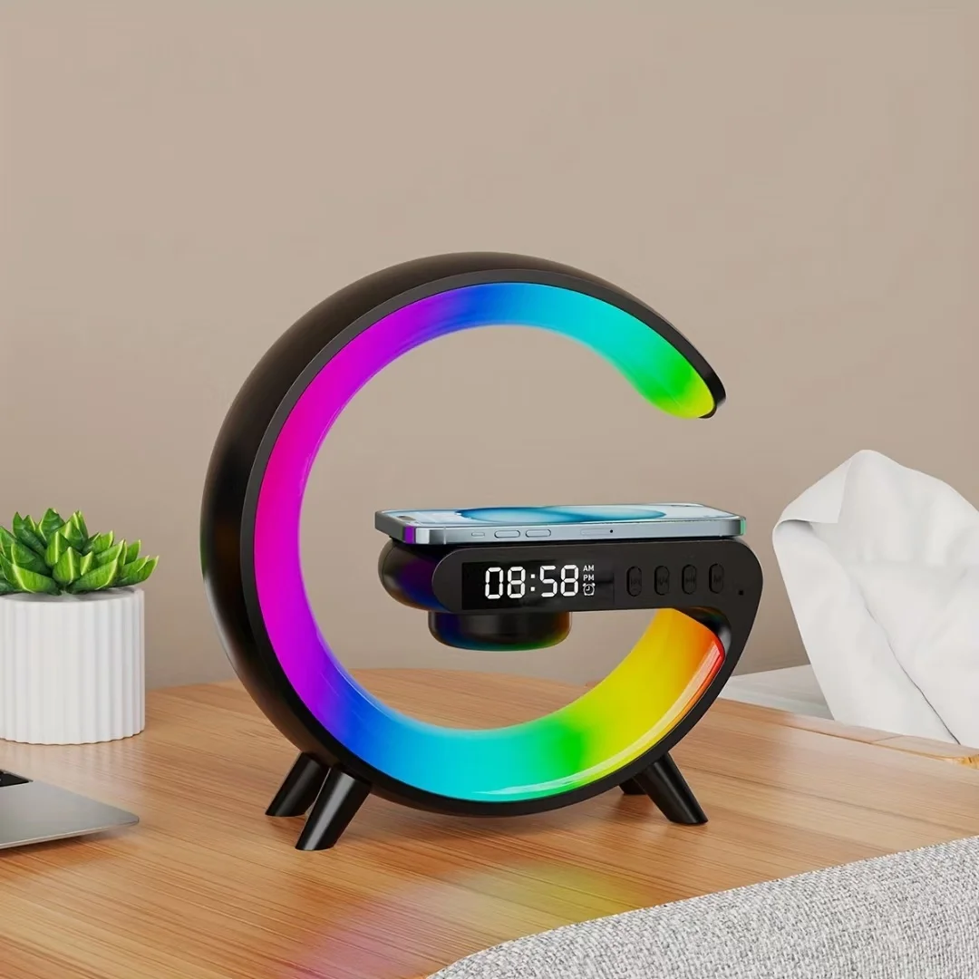 

2024 Newly Alarms Clock Mini Smart Portable Bluetooth Speakers 3 in 1 Multifunction RGB Light with Wireless Chargers