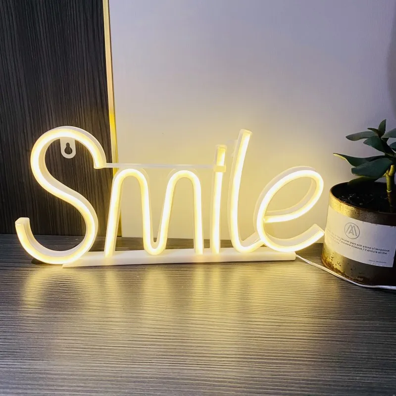 Smile Neon Sign Lights Wedding Birthday Party Decor Neon Light LED Sign for Bar Gaming Room Bedroom Wall Decoration Night Lamps