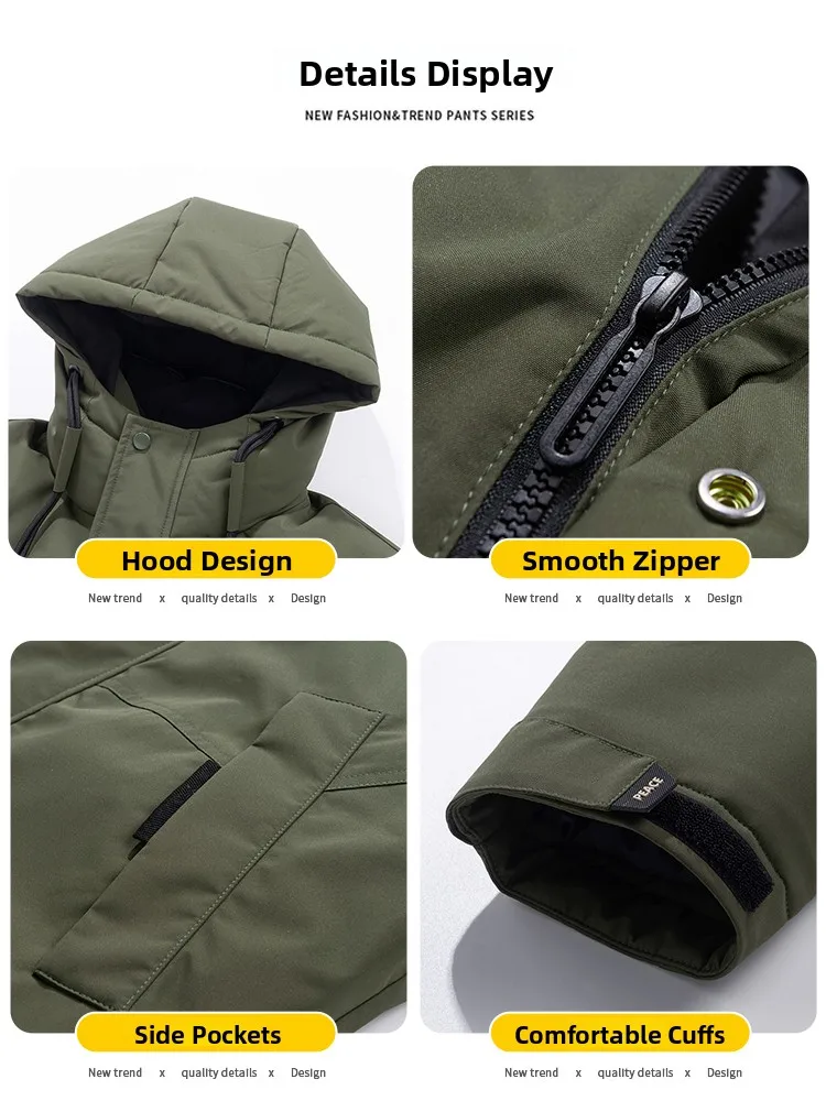 

Thiened Cotton Jaet Men's Coat Winter Warm Pure Color Workwear Cotton Clothes Long Sve Hooded Zipper Closure Casual Coat