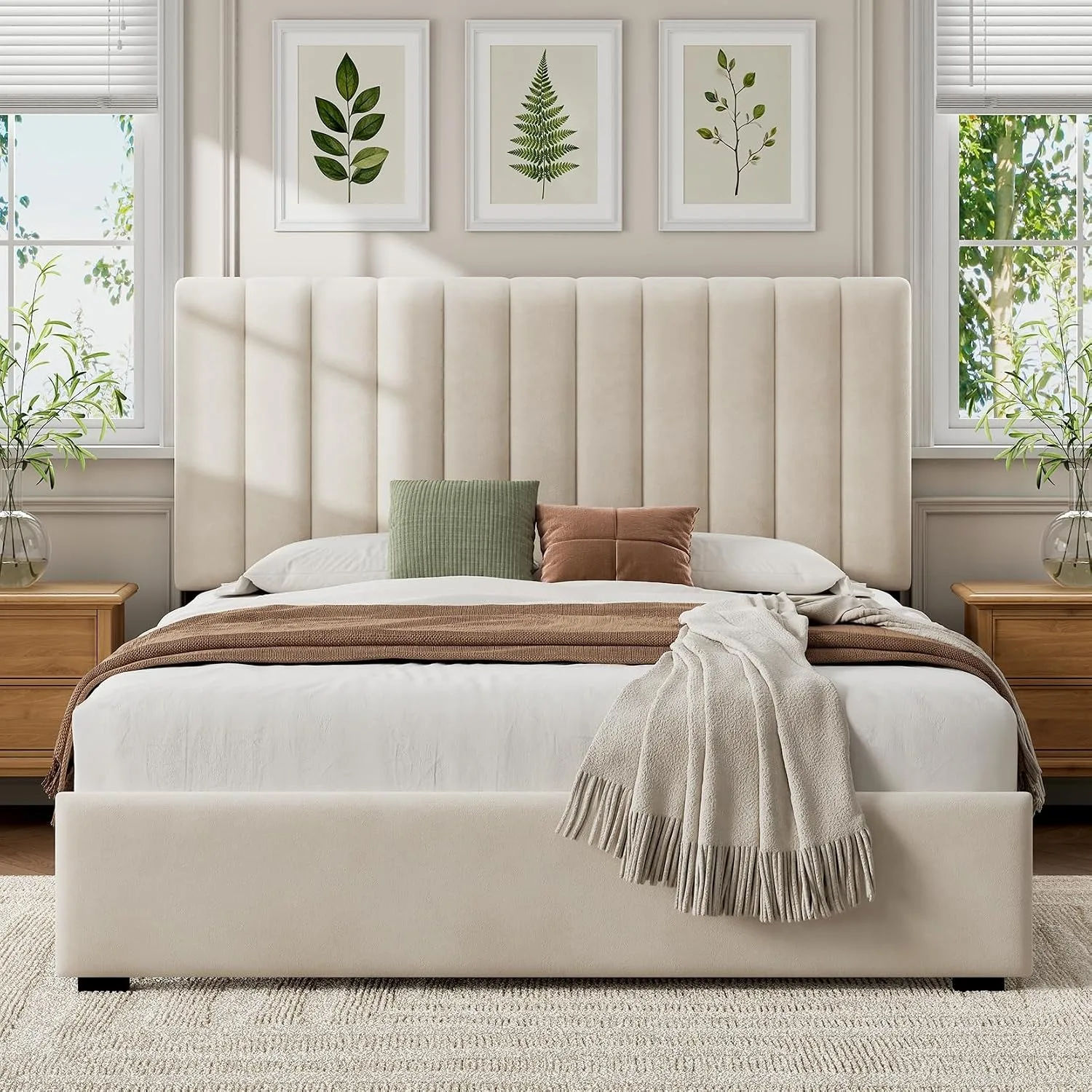 Queen Velvet Metal Bed,Vertical Channel Tufted Headboard, Custom