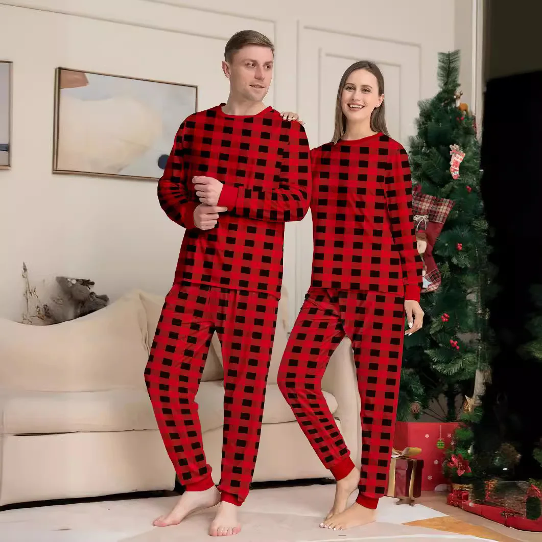 2024 new red and black checked Christmas family clothing cotton printed home dress pajamas 2 sets &3-24 months baby onesie