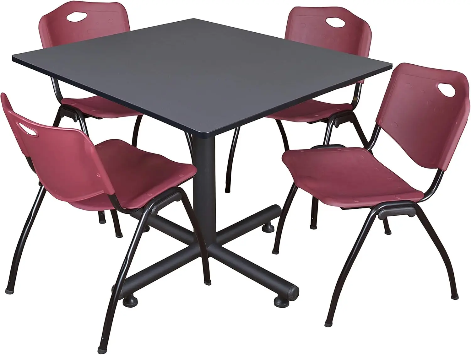 Kobe 48-Inch Square Breakroom Table, Grey, And 4 M Stack Chairs, Burgundy
