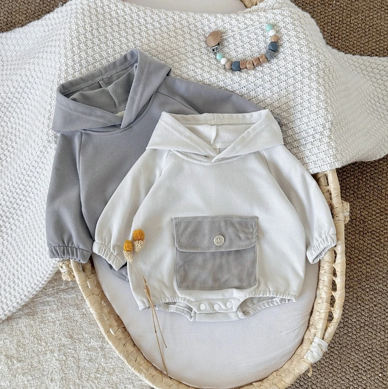 Spring and Autumn Long-Sleeve Baby Romper for Boys and Girls with Pocket Triangle Crawling Suit New Hooded Jumpsuit