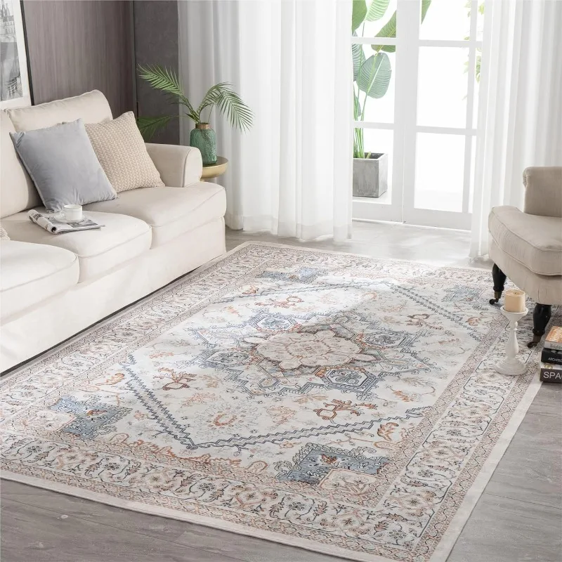 Washable Rug Vintage Area Rugs, 5'x 7' Living Room Rug with Non Slip Backing, Distressed Indoor Carpet