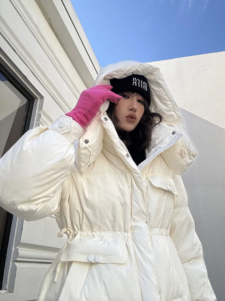 

Winter Drawstring Hooded Mid Length Down Jacket Women 90% White Duck Down Parker Down Jackets Female Zipper Warm Thick Outwears