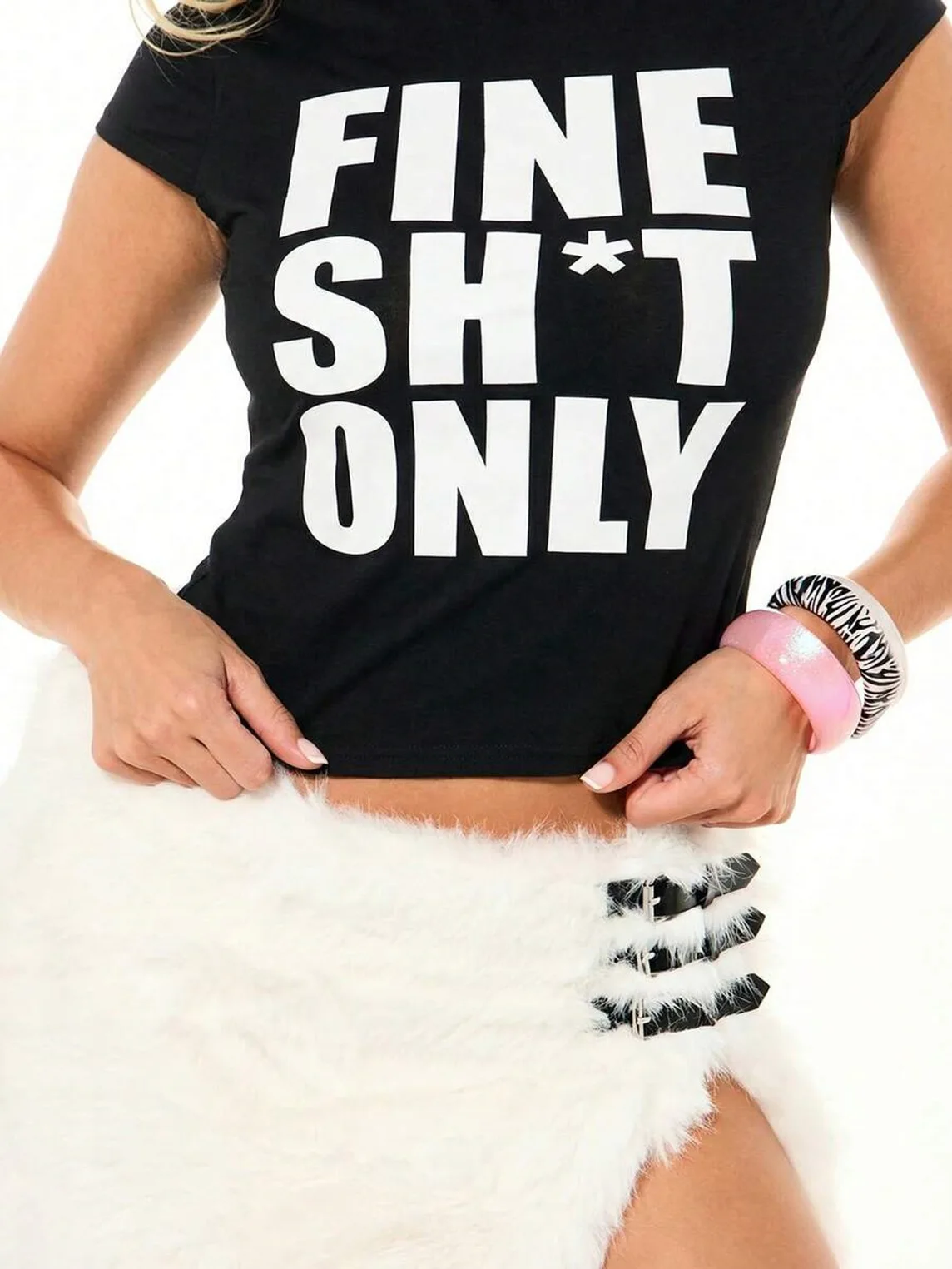 Y2K Damen Crop-T-Shirt mit Buchstabendruck, Schwarz, Rundhalsausschnitt, Slim Fit, Kurzarm-Oberteil – Detail 8