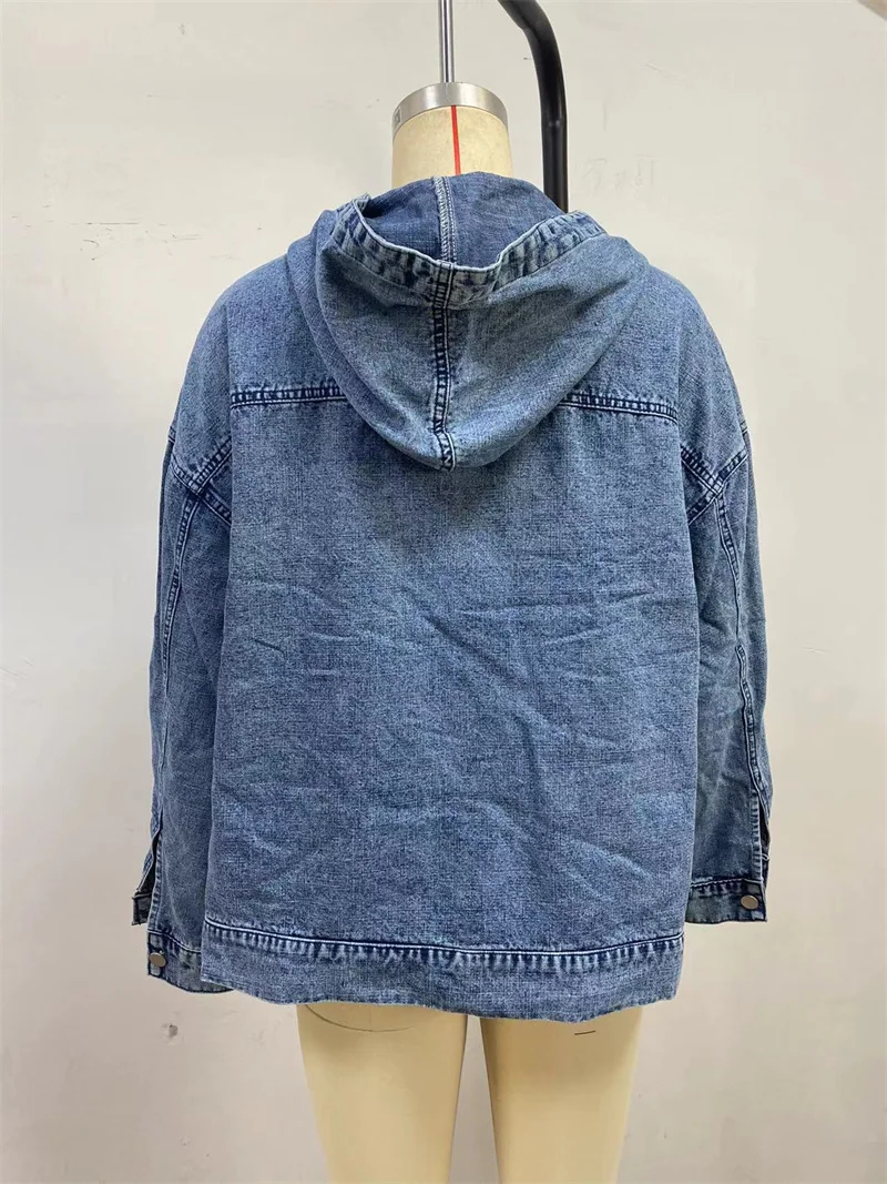 Fashion Casual Washed Denim Drawstring Hoodies Women Loose Vintage Hooded Pullover Tops 2025 Autumn Female Sweatshirt Streetwear