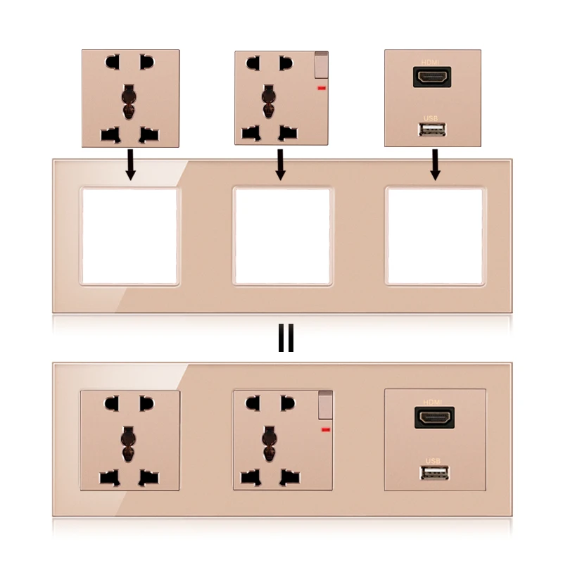 novski wall mount module diy European standard golden glass panel socket switch button free combination function