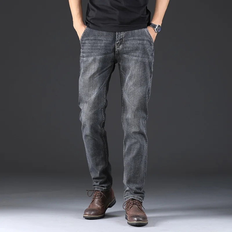 

Мужские джинсы из тонкого денима на весну-осень, повседневные, свободные, прямые, в стиле ретро, эластичные, больших размеров, с молнией, средней посадки, в американском стиле