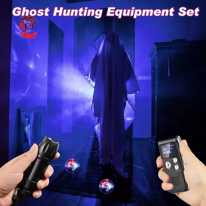 

AF90-4 Pcs Ghost Huntingequipment Kit Includes 1Digital Voice Recorder 2 LED Light Up Pet Cat Ball 1 Black UV Flashlight,8GB
