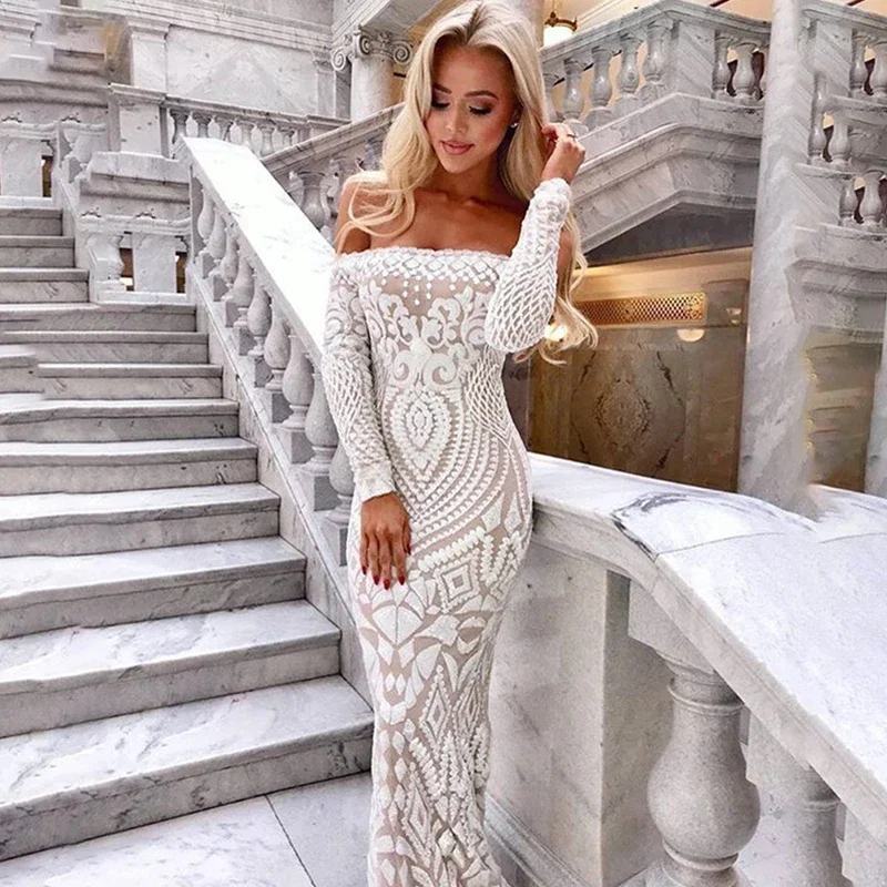 Off Shoulder Elegant Fishtail Dress Party Women Long Sleeve Embroidered White Dresses Woman Lace Evening Bride Smaid Vestidos