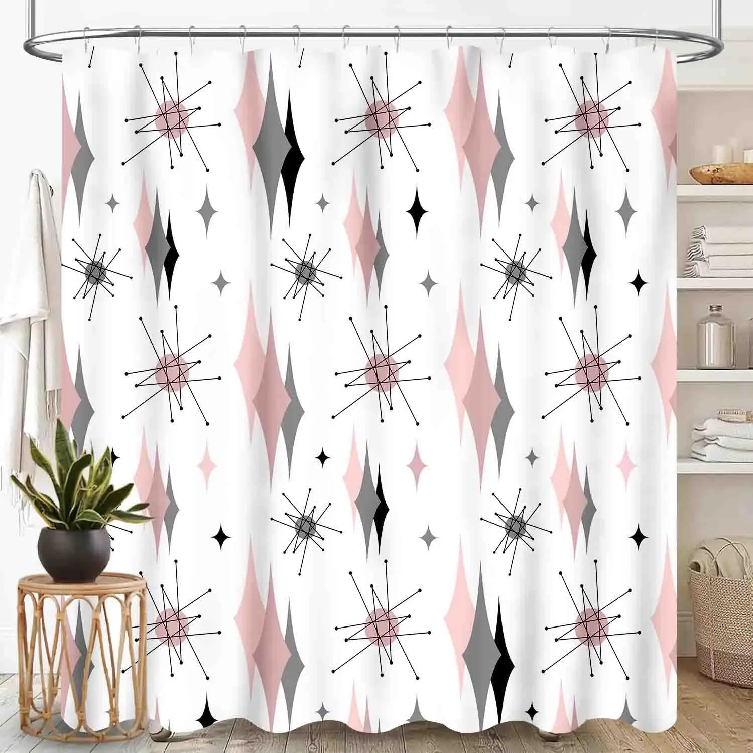 Mid Century Modern Shower Curtain, Pink Gray Geometric Atomic Abstract Pattern 1950s 1960s Retro Vintage Style Waterproof Fabric