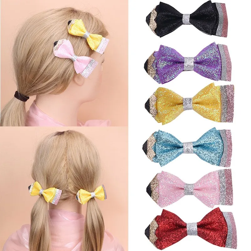 

30pcs Kids Hair Clips Glitter Crayon Bow Pencil Print Girls Barrettes Bow Pattern Hairpins Back to School Headwear for Children