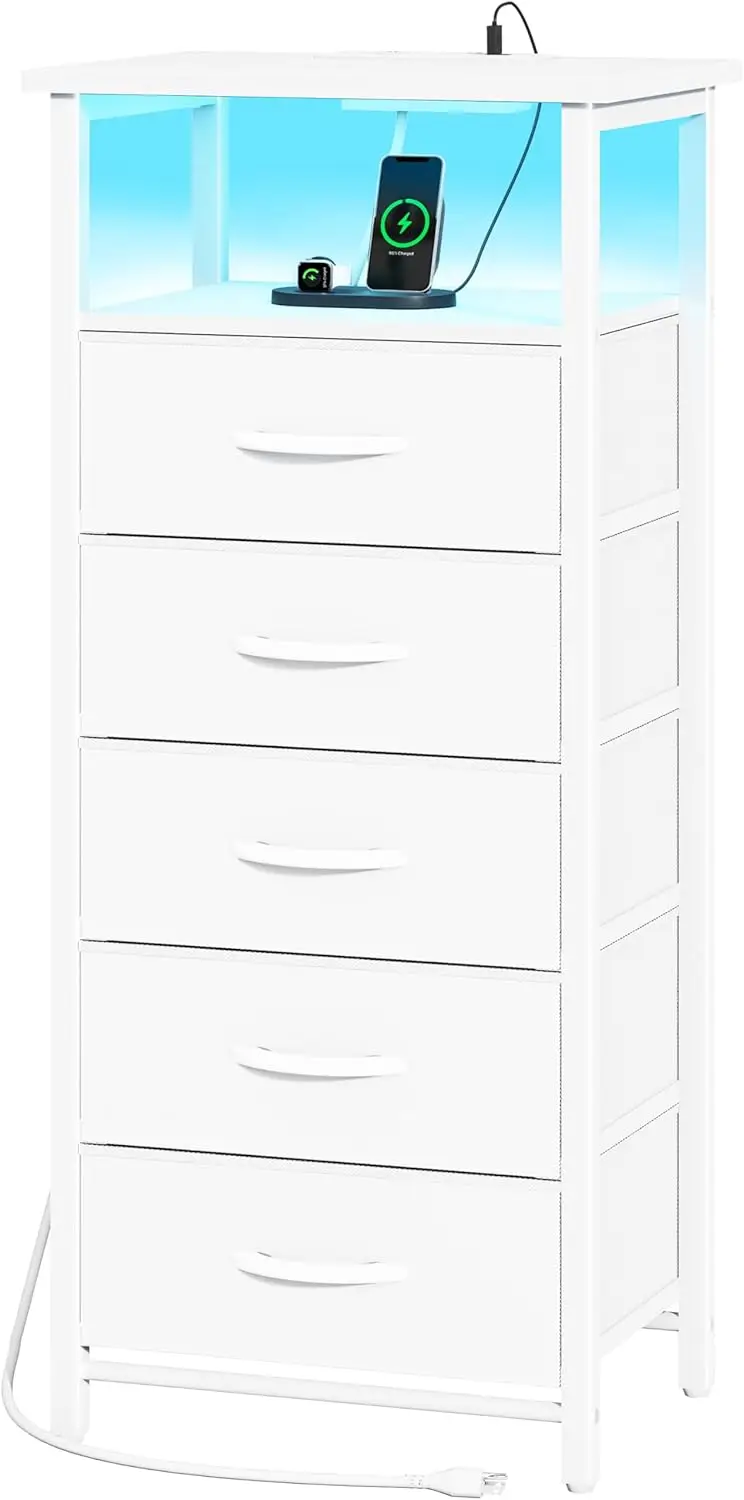 5 Drawers Drsser for Bedroom, Tall Nightstand with Charging Station, Dresser for Closet with Storage Shelf, Vertical Dressers