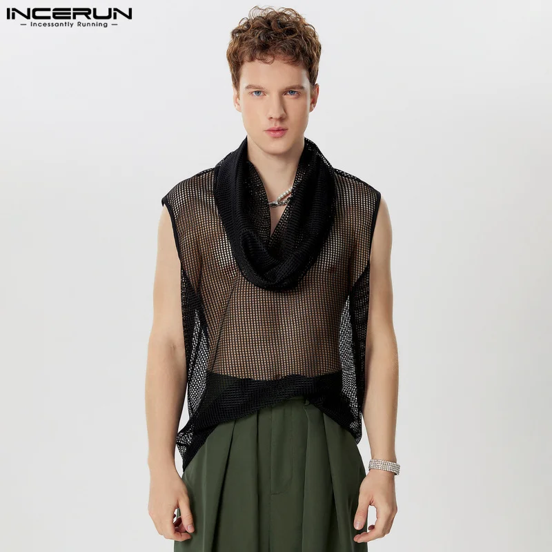 Sexy Well Fitting Tops INCERUN New Men\'s Hollowed Mesh Vests Summer Male Casual Hot Sale Thin Swing Collar Tank Tops S-5XL 2024