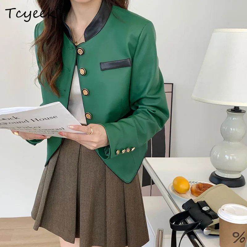 Sheep Leather Jacket Women's Spring Fashion Short Irregular hem Slim Outerwear Stand Collar Gold Button Motorcycle Leather Coat