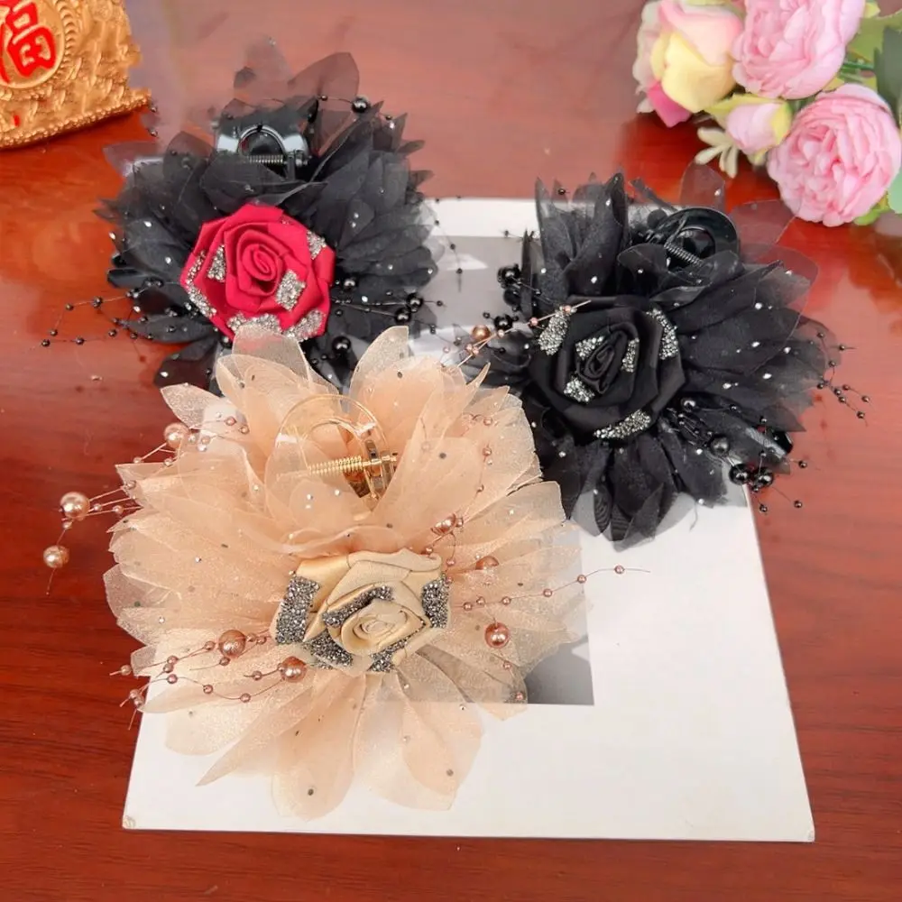 Jepit Rambut Bunga Mawar Modis Jepit Rambut Rumbai Manik Besar Pegangan Klip Hiu Elegan untuk Anak Perempuan