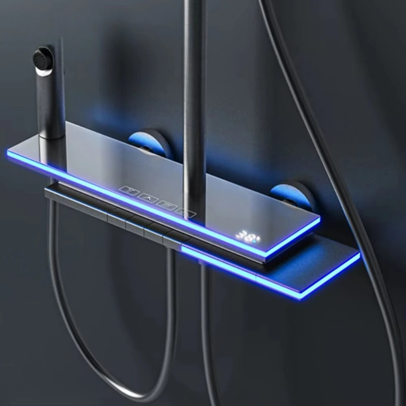 Temperature display, thermostatic shower system, brass wall mount