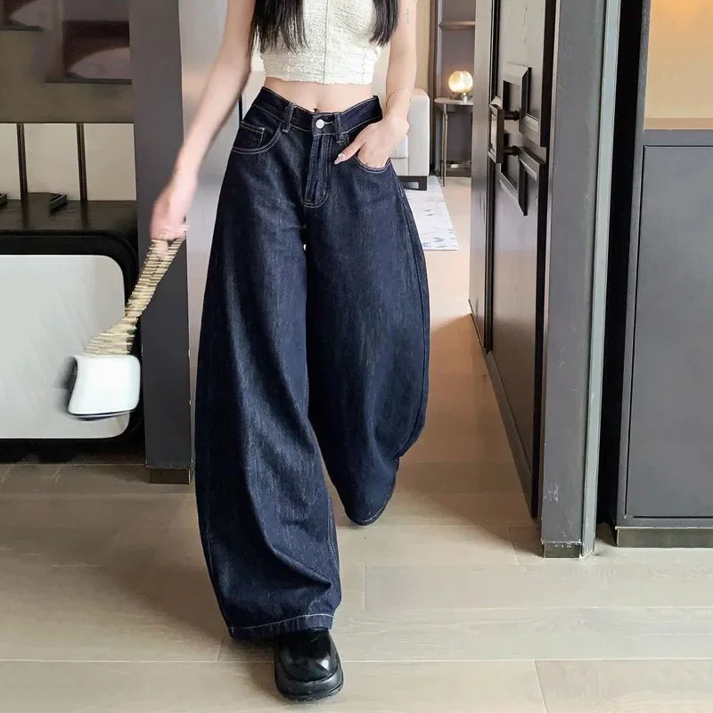 جينز عتيق مغسول بأرجل واسعة للنساء أزرق عميق عالي الخصر فضفاض Y2K من قماش الدنيم بنطلون مستقيم غير رسمي للسيدات