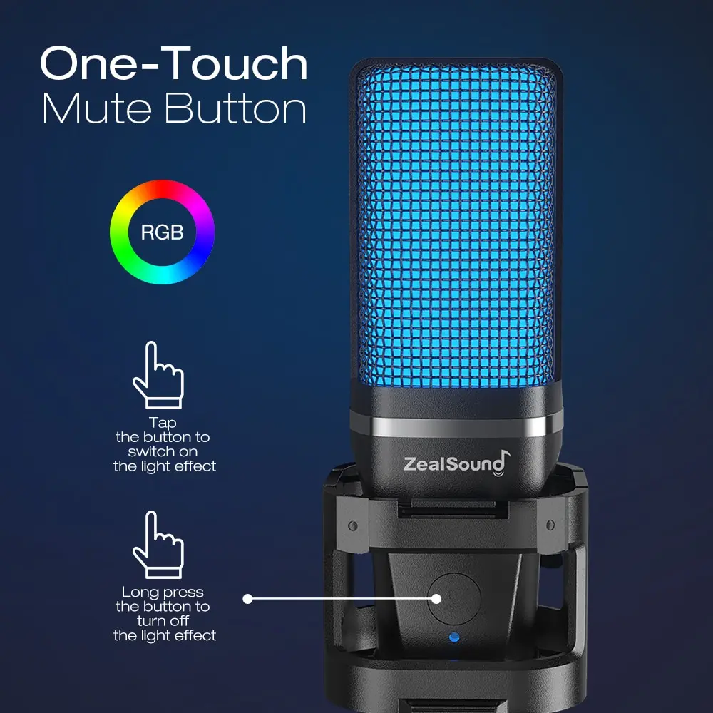 Zealsound RGB USB Kondenser Oyun Mikrofonu Bilgisayar Profesyonel Mikrofon PC PS4 PS5 Mac Telefon Kayıt Akışı Podcasting