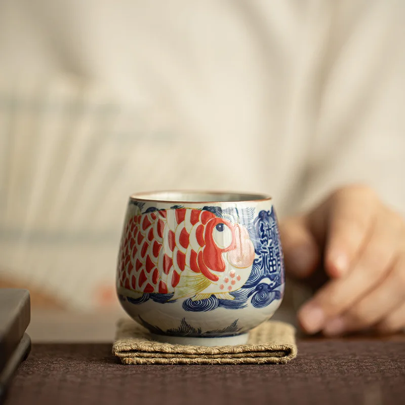 1 Pc Chinese Tradition Ceramic Tea Cup Handmade Fish Teacup Household Tea Bowl Master Cup Beauty Personal Tea Set Accessories