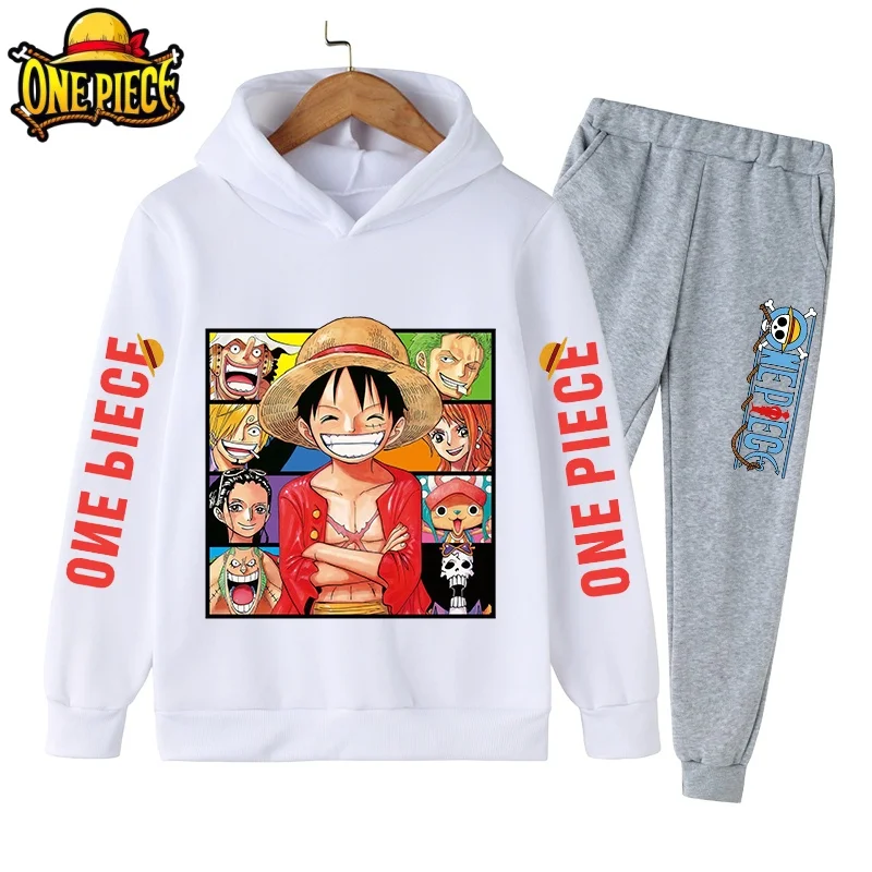 

2025 Boys Hoodie and Sweatpants Set with Pockets Japanese Anime One Piece Luffy Zoro Klids Girls Casual Hooded Sweatshirt Tops