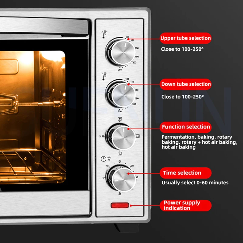 Horno eléctrico mecánico para el hogar, horno eléctrico con Control de temperatura, Panel de cristal negro de acero inoxidable, 60L