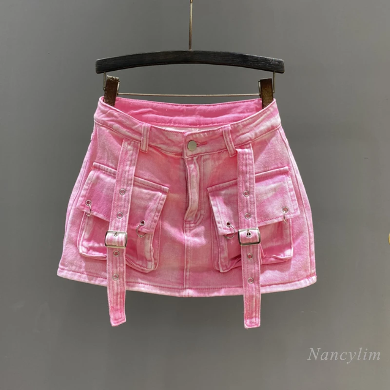 European Workwear Pocket Denim Skirt Women's Younger Fashion Pink A- Line 2024 Spring Summer Slim-Fit Hip Skirts Harajuku Women