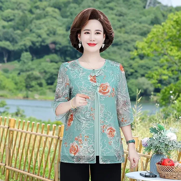 Fake Two Pieces Shirt Women Lace Hollow Half Sleeve Tops Summer Grandma Clothing Stretch  Middle Age Mother Blouse V252