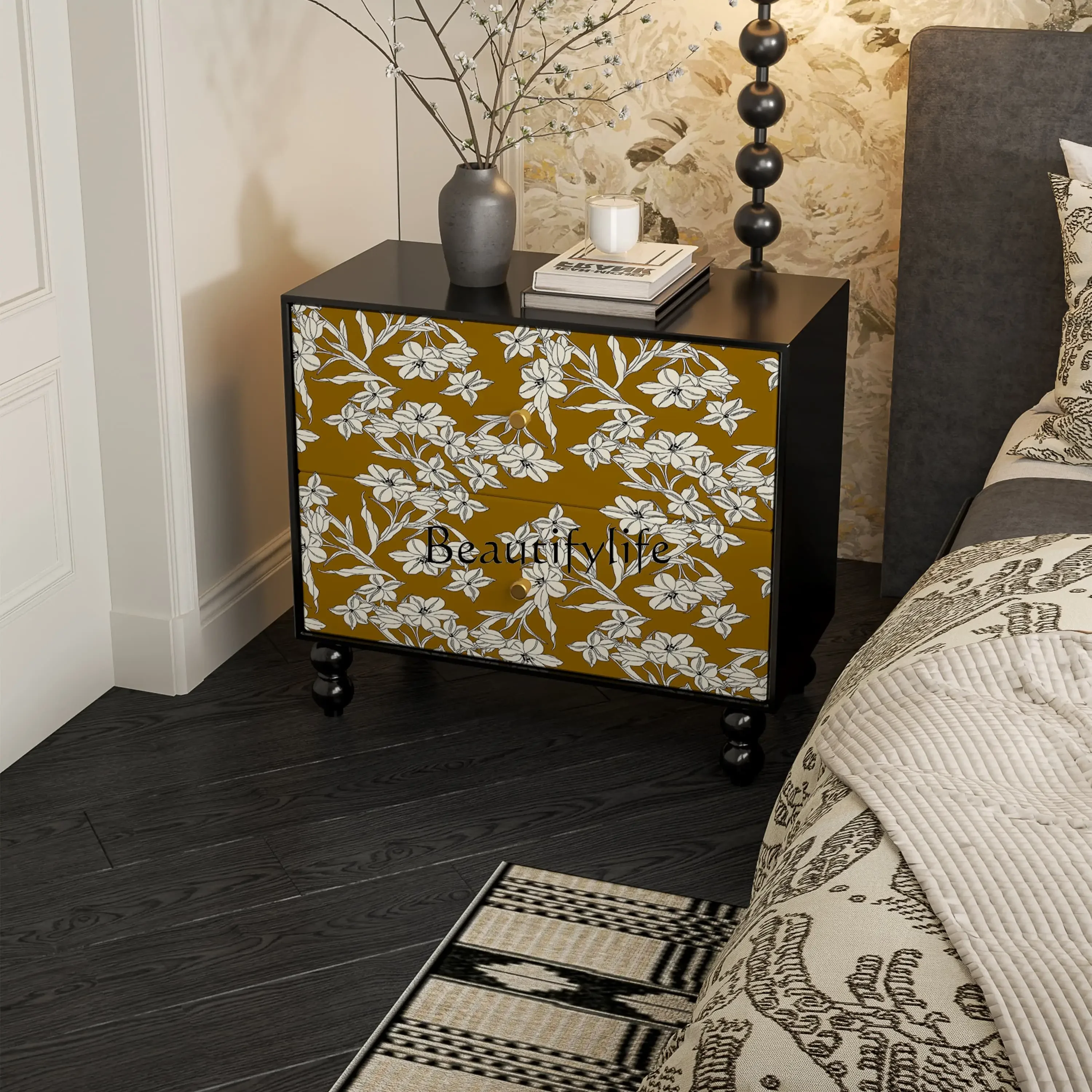 

06French Chinese painted solid wood bedside table living room room drawer multi-functional storage cabinet