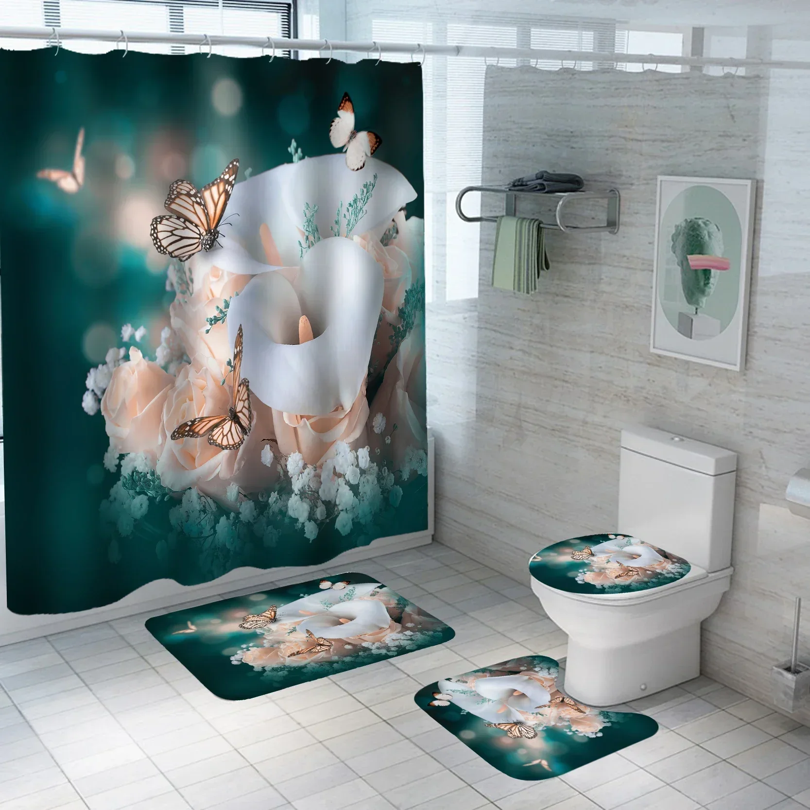 Pink Blue Rose Butterfly Shower Curtain Set Bathroom  Bathing Screen Anti-slip Toilet Lid Cover Carpet Rugs Home Decor