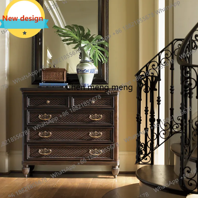 

American retro old dark coffee solid wood bucket cabinet Hawaiian style decorative side cabinet customization