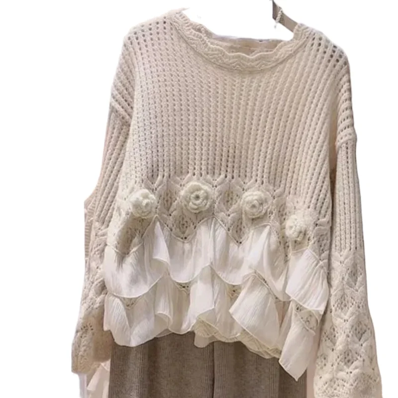 Vintage متماسكة سترة طويلة الأكمام كشكش الدانتيل متابعة الخريف بلوفر شتوي المرأة بلوزات قصيرة شيك س الرقبة ثلاثية الأبعاد زهرة البلوز الحلو جديد #4