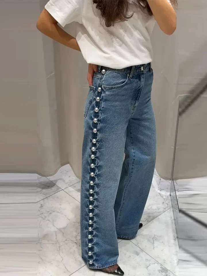 

Pearl Jeans Women's Low Waist Loose Wide Leg Denim Pants Female 2025 Spring Summer Chic Retro lady Trousers