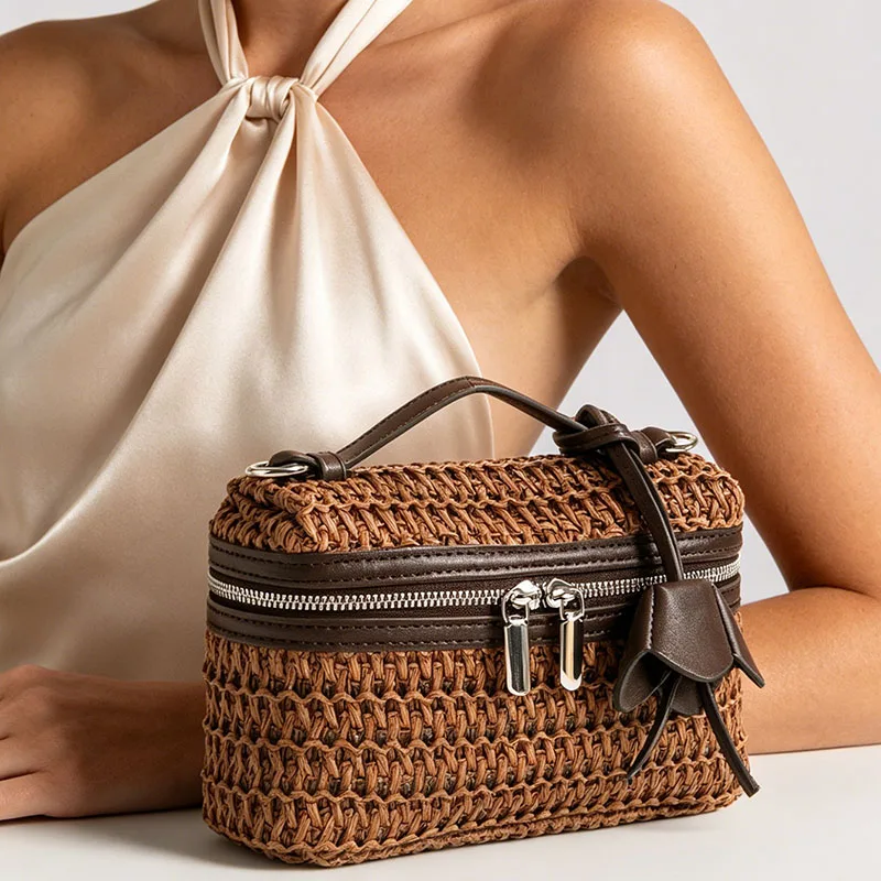 Designer Straw Woven Small Tote Shoulder Crossbody Bags Casual Vintage Summer Beach Bag  Fashion Straw Box Women Handbags