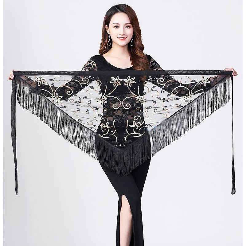 

Women Professional Belly Dance Hip Scarf Wrap Skirt Ladies Practice Dance Belt Sequin Triangle Scarf Fringe Lace-up Waistband 1P