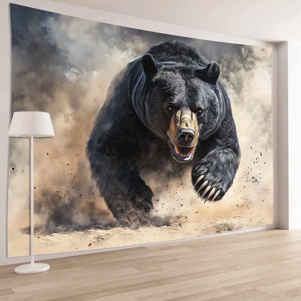 Majestic Black Bear in Motion Wall Tapestry for Living Room Decor, Featuring a Powerful and Dynamic Illustration of a Fierce