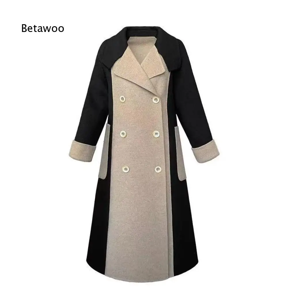 Ladies Double Breasted Color Block Long Overcoat Lapel Collar Side Pockets Outerwear For Autumn Business And Daily Styling
