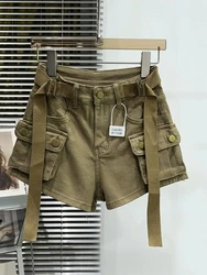 Large Pocket Denim Shorts Women's Elastic Slim 2024 New Spring/Summer High Waisted Short Cargo Pants Cool Girls Hot  Jeans Pants